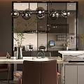 Modern Restaurant Interior With Spherical Chandeliers Marble Counter Cabinets And Green Plants