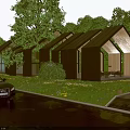 Wooden House In Dark Night With Black Roof Trees Lawn Lights And Parked Car
