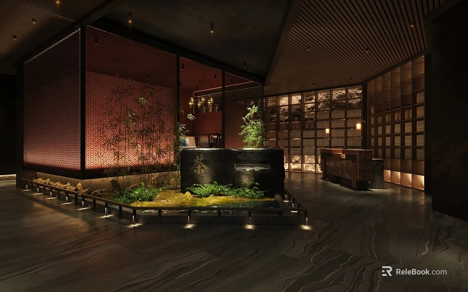 Serene Traditional Teahouse Interior With Courtyard Green Plants Stone Decor And Warm Lighting 3d model 