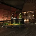 Serene Traditional Teahouse Interior With Courtyard Green Plants Stone Decor And Warm Lighting