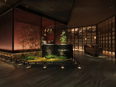 Serene Traditional Teahouse Interior With Courtyard Green Plants Stone Decor And Warm Lighting 3d model