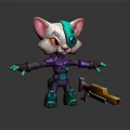 Mechanical Cat Character With Cybernetic Eye And Purple Blue Armor Holding Yellow Tool