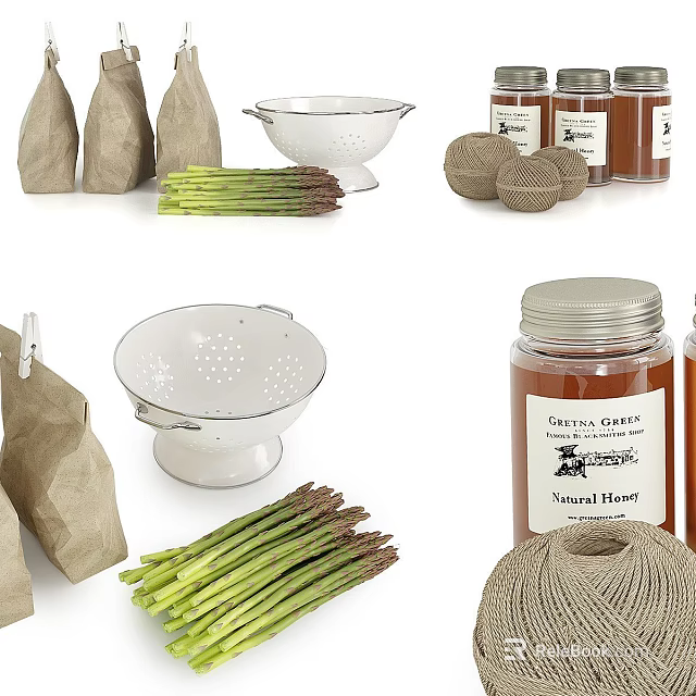 Decorative Ornament Set with Asparagus Colander Twine Balls Kraft Paper Bags and Honey Jars 3d model 