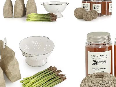 Decorative Ornament Set with Asparagus Colander Twine Balls Kraft Paper Bags and Honey Jars 3d model