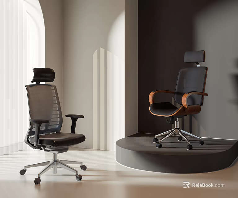 Modern Office Chair With Mesh Back Black Seat And Wooden Armrests In Display Setting 3d model 