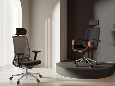 Modern Office Chair With Mesh Back Black Seat And Wooden Armrests In Display Setting 3d model