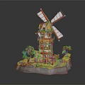 Miniature Red And White Windmill Model With Yellow Roof And Green Trees