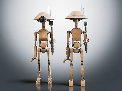 Two Robot Characters With Hat Like Heads Wooden Bodies Antennas And Weapons 3d model