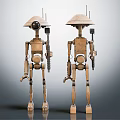 Two Robot Characters With Hat Like Heads Wooden Bodies Antennas And Weapons