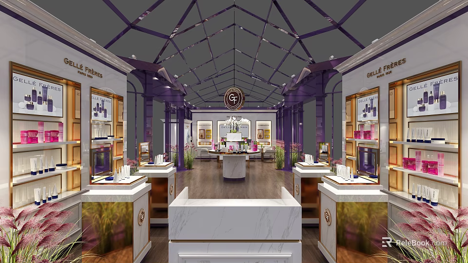 Elegant Grandiflora Shop Interior With Purple Display Shelves Marble Counters Green Plants And Ceiling Lighting 3d model 