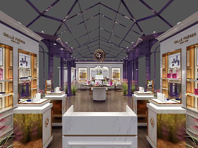 Elegant Grandiflora Shop Interior With Purple Display Shelves Marble Counters Green Plants And Ceiling Lighting 3d model