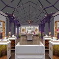 Elegant Grandiflora Shop Interior With Purple Display Shelves Marble Counters Green Plants And Ceiling Lighting
