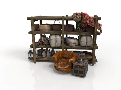 Rustic Wooden Storage Rack With Baskets Sacks Cloth Leather Chair And Wooden Chest 3d model