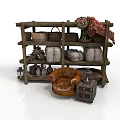 Rustic Wooden Storage Rack With Baskets Sacks Cloth Leather Chair And Wooden Chest