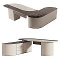 Modern Curved Office Desk Design With Beige Brown Finish And Drawer Storage