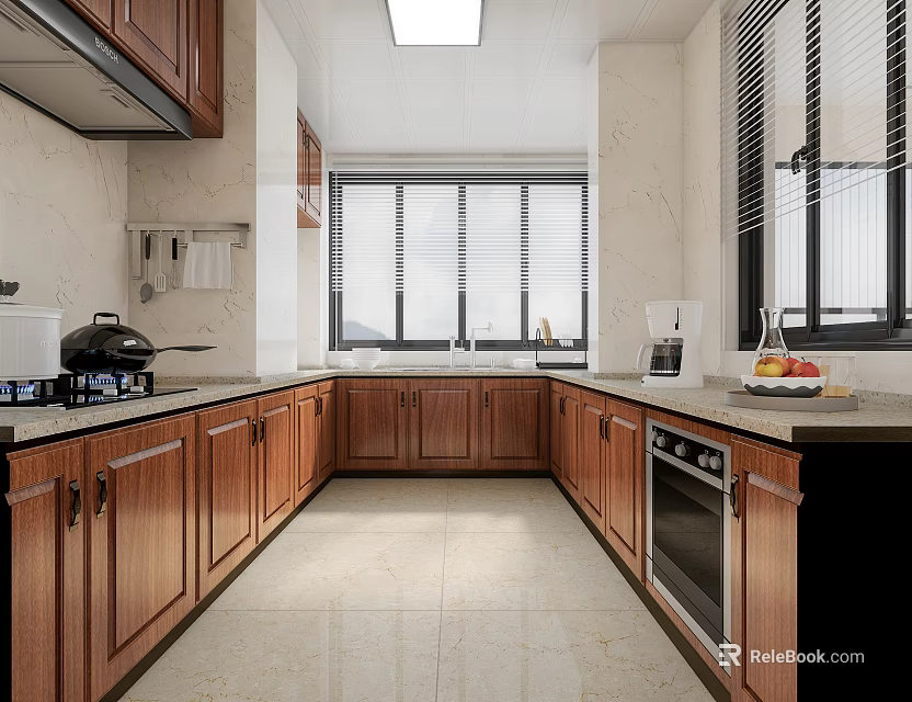 Modern Kitchen Interior With Wooden Cabinets Large Windows Countertops Gas Stove And Oven 3d model 