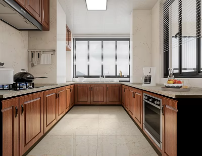 Modern Kitchen Interior With Wooden Cabinets Large Windows Countertops Gas Stove And Oven 3d model
