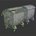 Two Rustic Metal Trash Bins With Lids And Wheels On Gray Background