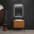 Modern Bathroom Vanity With Orange Cabinet Backlit Mirror And Marble Accents