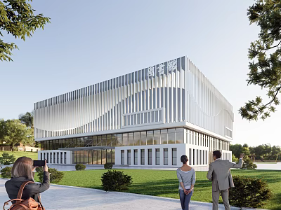 Modern Commercial Building Exterior With Glass Curtain Wall Lawn Trees And Visiting People 3d model