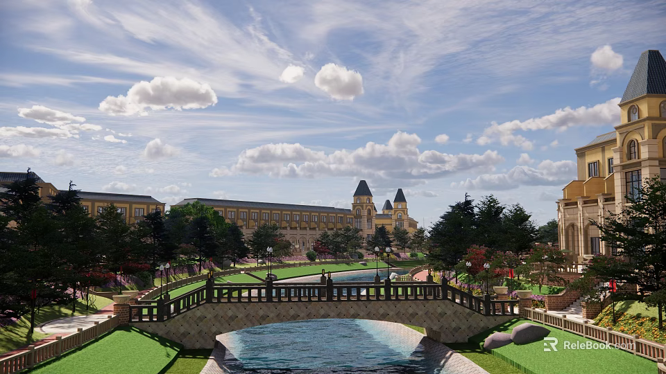 Scenic Landscape With Stone Bridge Water Pool Green Lawns And Historic Buildings Under Blue Sky 3d model 