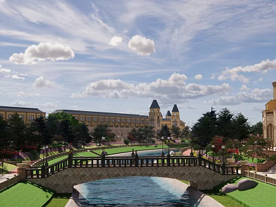 Scenic Landscape With Stone Bridge Water Pool Green Lawns And Historic Buildings Under Blue Sky 3d model