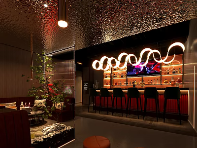 Modern Bar Interior With Curved Neon Lights Bar Counter And Black Stools 3d model