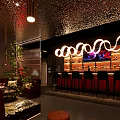 Modern Bar Interior With Curved Neon Lights Bar Counter And Black Stools