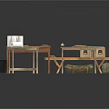 Vintage Wooden Desks Setup With Papers Books And Storage Boxes