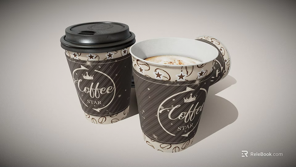 Disposable Coffee Cup Set With Coffee Star Logo Star Patterns Decorative Design And Lid 3d model 