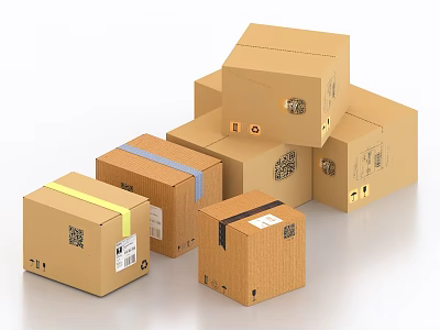 Multiple Shipping Cardboard Boxes With Colored Tapes QR Codes Labels And Stamps 3d model
