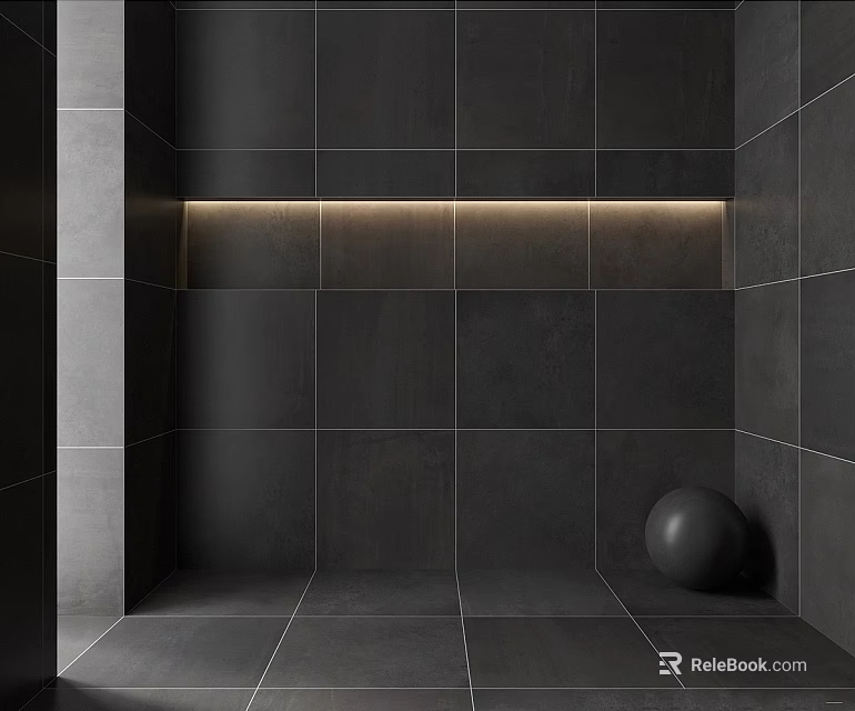 Modern Black Tile Wall Structure With Recessed Light Strip And Spherical Decor 3d model