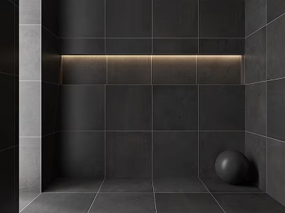 Modern Black Tile Wall Structure With Recessed Light Strip And Spherical Decor 3d model