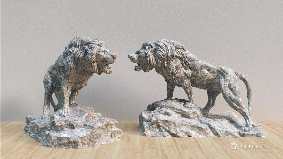 Hand Carved Lion Sculptures Facing Each Other With Detailed Rock Bases 3d model 