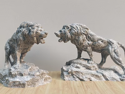 Hand Carved Lion Sculptures Facing Each Other With Detailed Rock Bases 3d model
