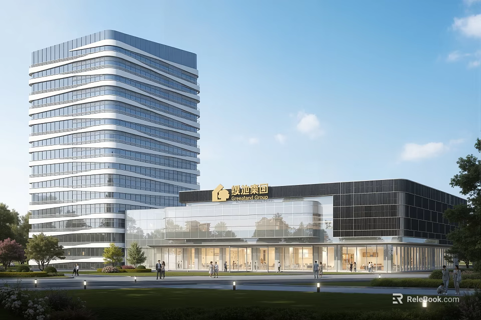 Modern Office Building with High Rise Glass Facade Low Rise Structure and Landscaped Entrance 3d model 