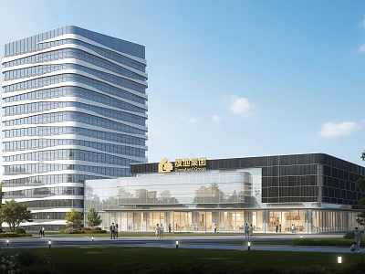 Modern Office Building with High Rise Glass Facade Low Rise Structure and Landscaped Entrance 3d model