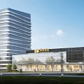 Modern Office Building with High Rise Glass Facade Low Rise Structure and Landscaped Entrance