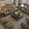 Elegant Classic Sofa And Coffee Table Set With Decorative Pillows Ottomans Lamp And Area Rug