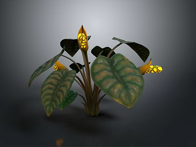 Tropical Plant With Large Green Patterned Leaves Thick Stems And Yellow Spotted Flowers 3d model