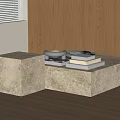 Modern Beige Stone Coffee Table With Block Design Stacked Books And Wooden Cabinets