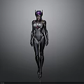 Futuristic Female Robot In Sleek Silver Bodysuit With Purple Helmet And Glowing Accents