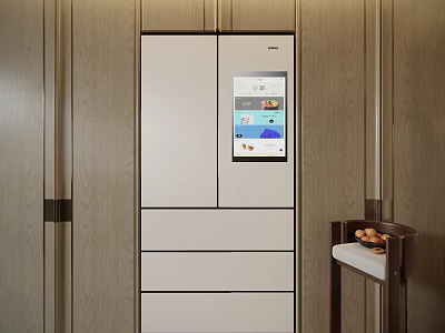 Wooden Kitchen Cabinets With Smart Refrigerator And Fruit On Side Table 3d model