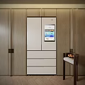 Wooden Kitchen Cabinets With Smart Refrigerator And Fruit On Side Table