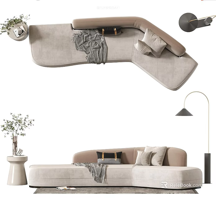 Modern Minimalist Beige Sectional Sofa Living Room With Gray Throw Blanket And Decorative Pillows 3d model 