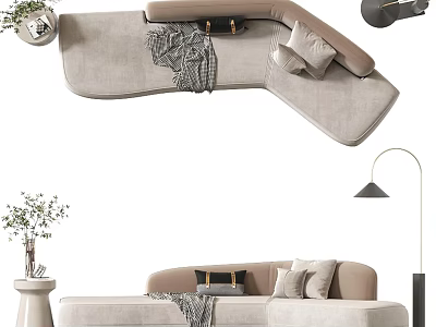 Modern Minimalist Beige Sectional Sofa Living Room With Gray Throw Blanket And Decorative Pillows 3d model