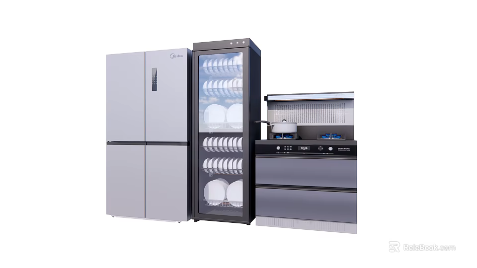 Modern Kitchen Appliances Featuring Refrigerator Sterilizer Cabinet With Plates And Stove With Pot 3d model 