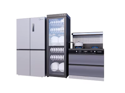 Modern Kitchen Appliances Featuring Refrigerator Sterilizer Cabinet With Plates And Stove With Pot 3d model