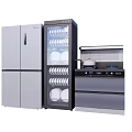 Modern Kitchen Appliances Featuring Refrigerator Sterilizer Cabinet With Plates And Stove With Pot