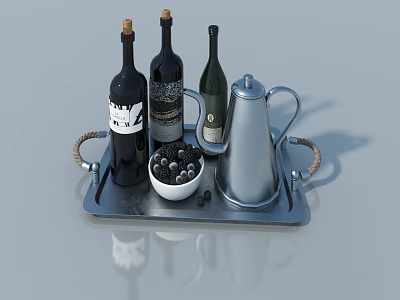 Bowl of Fresh Black Berries with Three Wine Bottles and Metal Pitcher on Tray 3d model